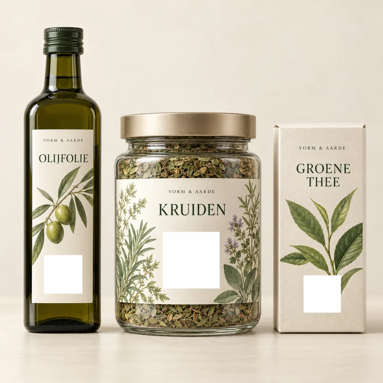 Olijfolie, kruiden en groene thee met QR-codes op de productetiketten
