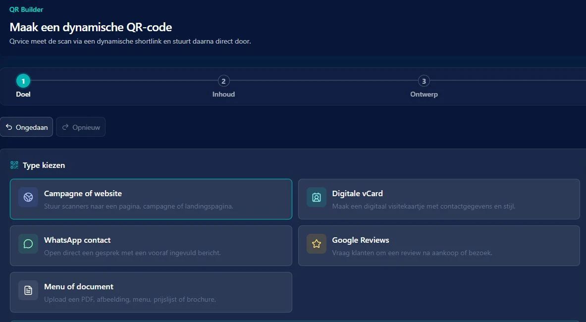 Qrvice-editor: kies een website, digitale vCard, Google Reviews of menu