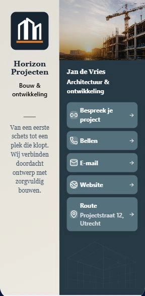 Bedrijfskaart van Horizon Projecten met contactknoppen