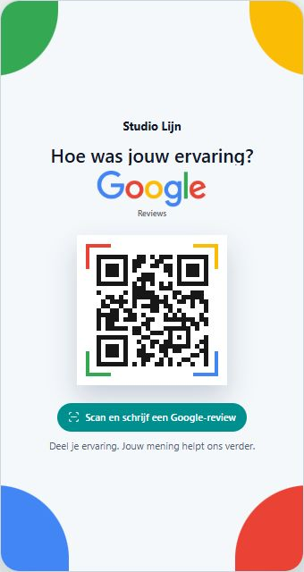 Qrvice-reviewtemplate met de voorbeeldnaam Studio Lijn, Google-logo en QR-code